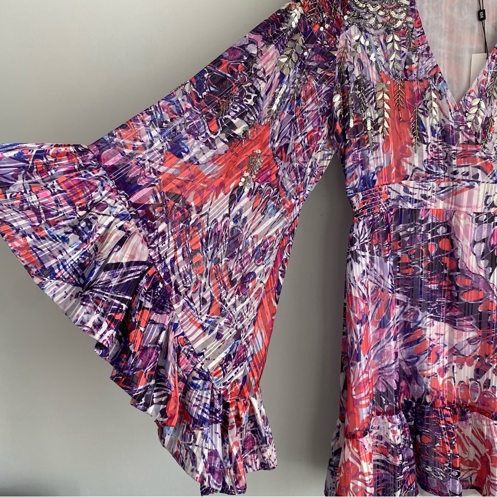 NEW Karen Millen Beaded Embellished Drama Kimono Woven Dress Size 10 Pink Purple - Picture 7 of 15